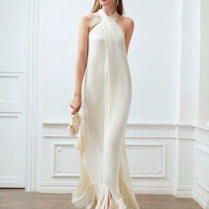 BEIGE PREPPY WOMENS FRINGE HEM CROSS HALTER DRESS